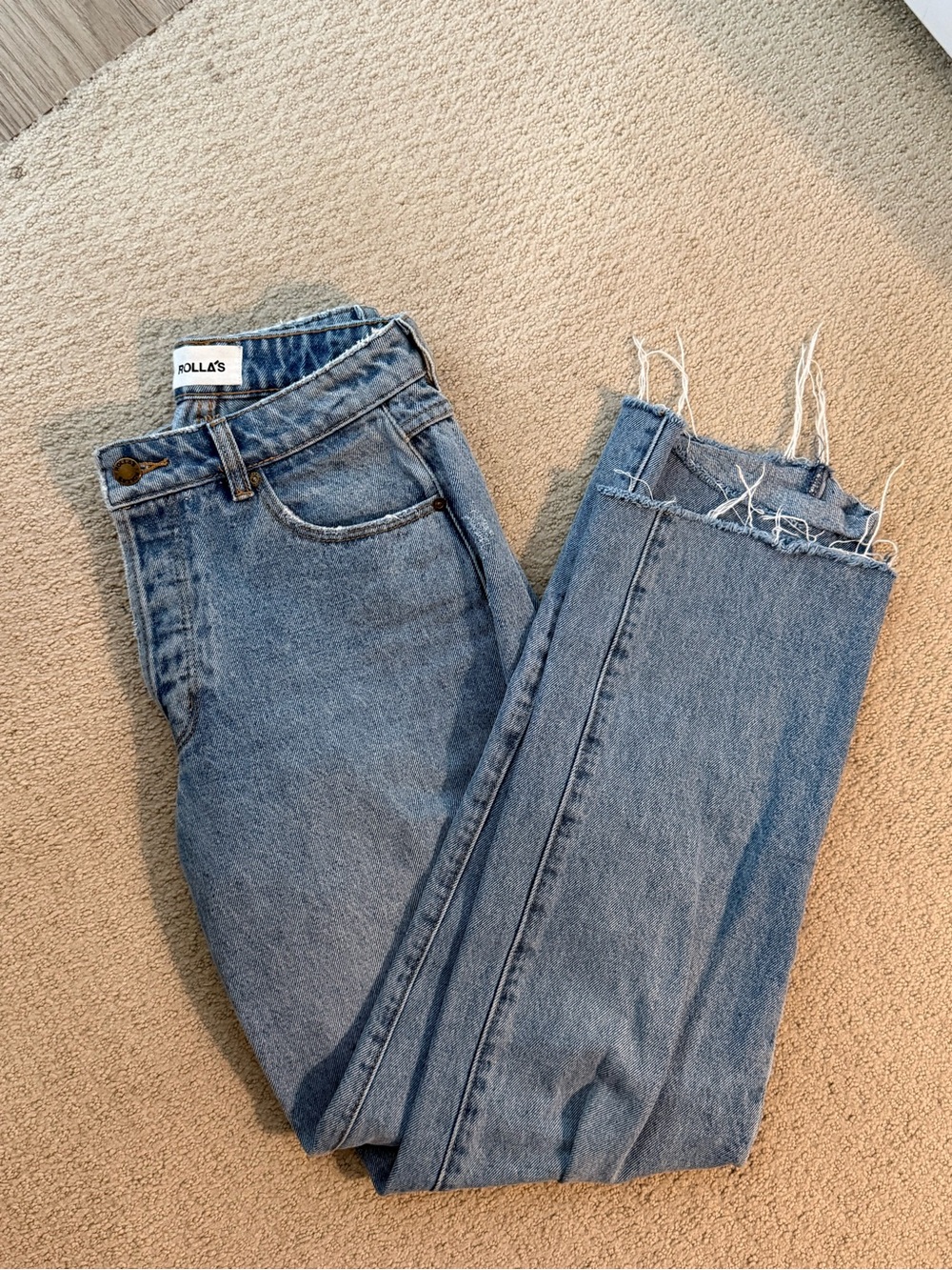 ROLLA'S Light Blue High Rise Straight Leg Jeans with Raw Hem